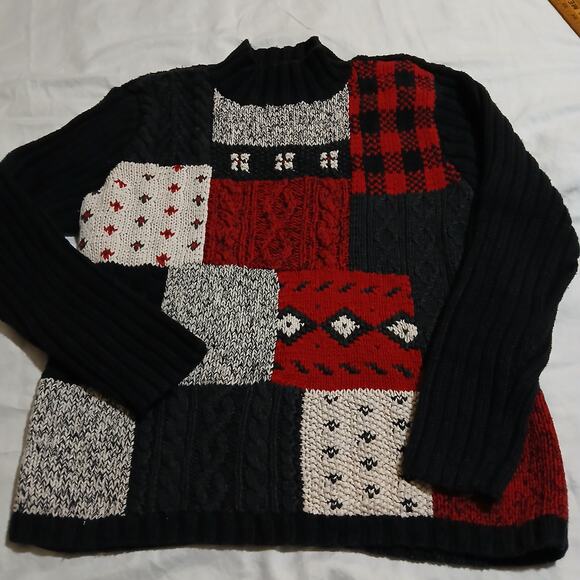 VTG Liz Claiborne Large Mock Neck Cotton Blend Red/Black/White Block Sweater - Picture 3 of 13